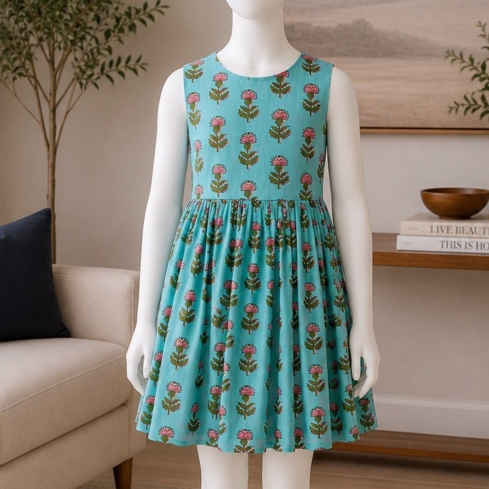 Pink Chicken Girls Dress Blue Floral Block Print Back Bow Size 6Y